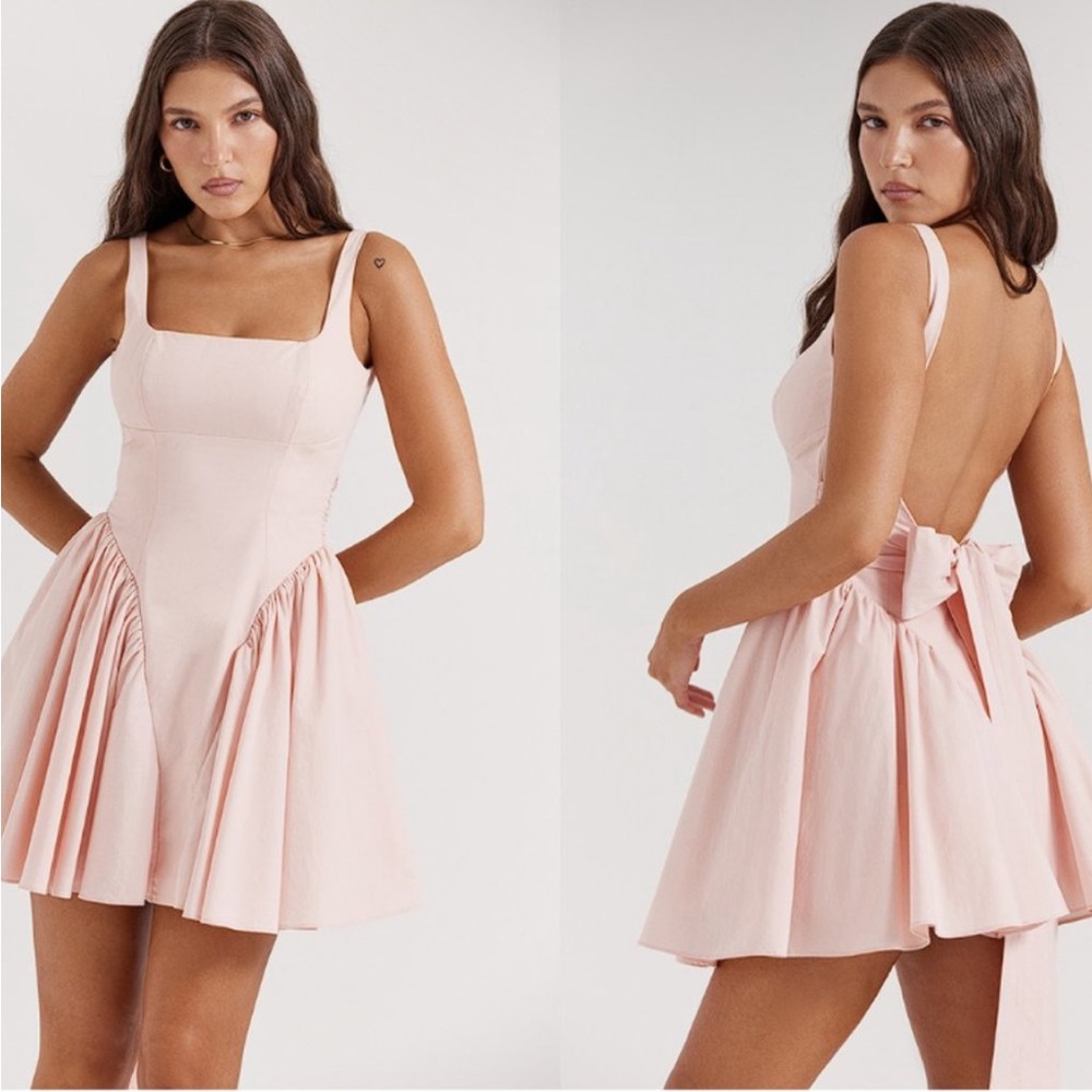 HOUSE OF CB 'Florianne' Soft Peach Bow Mini Dress - Picture 1 of 8